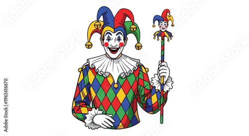Colorful jester holding a scepter with a smaller jester on top, wearing a diamond-patterned costume and a large hat, illustration