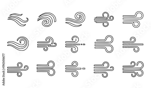 Strong Wind Line Icon Set with Airflow Symbols and Wind Gust Weather Vector Illustration
