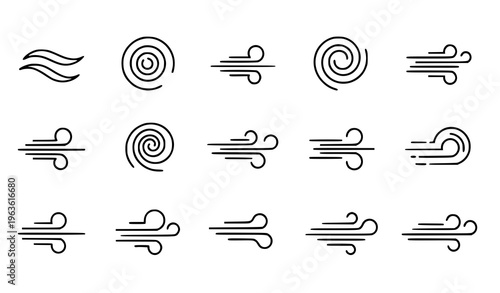 Windy Weather Outline Icons with Air Flow Motion Lines and Breeze Symbols Vector Set
