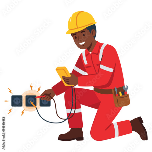 Electrician in red jumpsuit using multimeter tester tool to check electrical wall socket.
