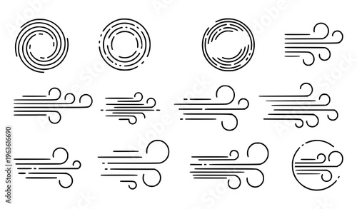 Wind Flow Line Icons with Blowing Air Symbols and Natural Breeze Emblem Vector Illustration Set