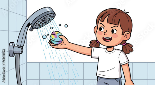 Little girl playing with colorful bath bomb under running shower head in bathroom
