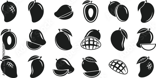 Vector illustration of twenty mango silhouettes arranged in grid pattern, showing whole fruits, sliced mangoes, halves with seeds, and textured designs for food and nature themes