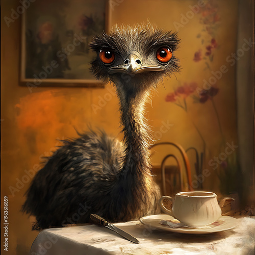 Tall emu bird exploring countryside village path with scenic natural environment high resolution picture