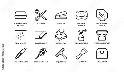 Classroom cleaning and stationery icons featuring erasers scissors and more