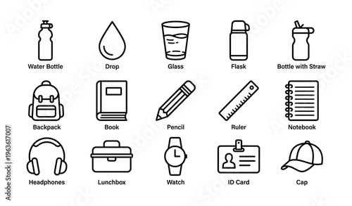 School supplies icon set featuring backpack, pencil, notebook, and more essentials