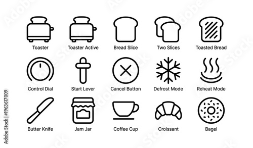 Kitchen appliance icons: toaster, bread, coffee cup, croissant, bagel
