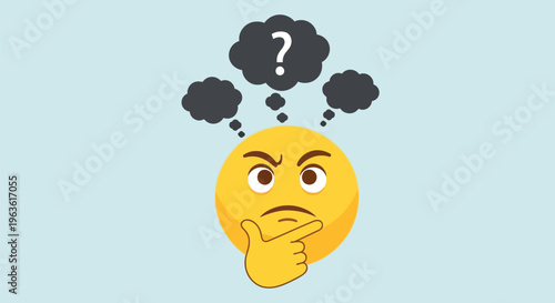 Yellow thinking face emoji with question mark thought bubble illustration