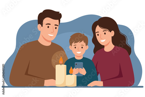 Family sitting together at night with burning candles and child holding mobile smartphone.