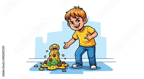 Boy standing next to a messy pile of food with a shocked expression cartoon vector