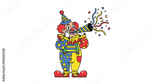Clown holding party popper surrounded by confetti and streamers carnival fun
