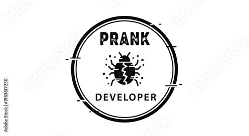 Black and white prank developer logo with bug symbol and minimalist design