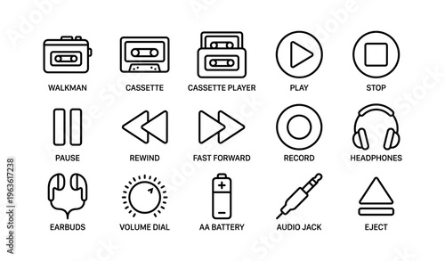 Vintage audio icons: walkman, cassette, headphones, play, record