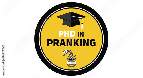 PHD in pranking logo with graduation cap and jumping jack in circle