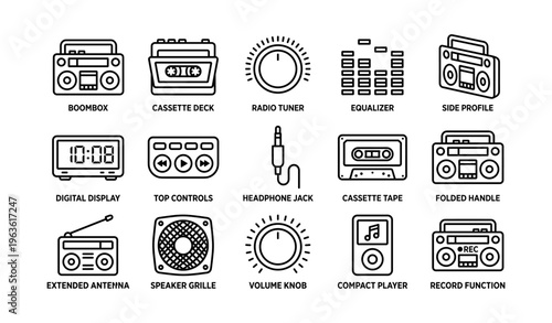 Vintage audio icons: boombox, cassette deck, radio tuner, equalizer, headphone jack