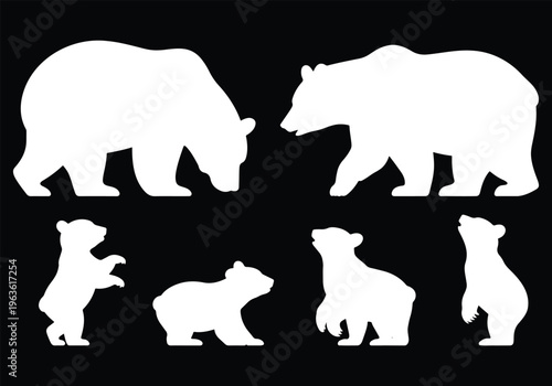 Bear Family Silhouettes: Adult and Cub Poses on Black Background Clean Vector Art