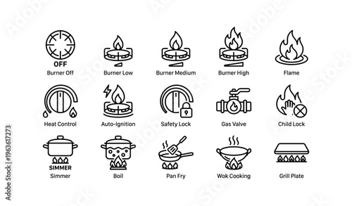 Cooking equipment icons: burner settings and safety features