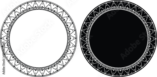 Vector illustration of two decorative circular geometric designs with intricate triangular and dotted borders, contrasting black and white symmetrical patterns for art and design themes
