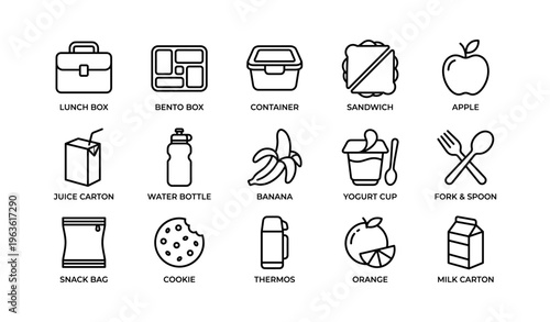Icons of lunch items: lunch box, bento box, container, and more