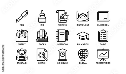 Icon set of stationery and education tools for classroom and office tasks