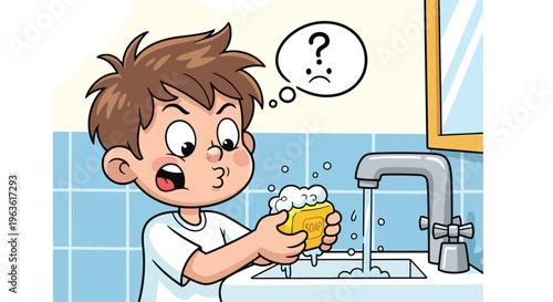 Boy holding soap-covered cup in bathroom sink wondering
