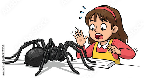 Little girl scared of huge black spider on table with book cartoon vector