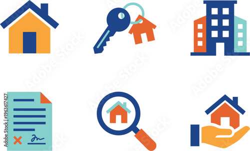 Real Estate Property Icon Set House Key Building Contract Search Vector