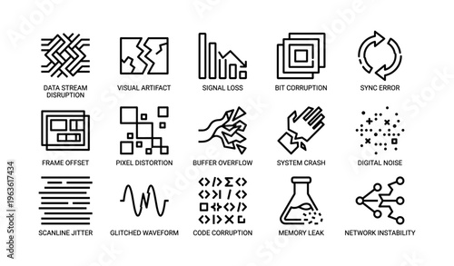 Digital error icons: data stream disruption, sync error, pixel distortion, network instability