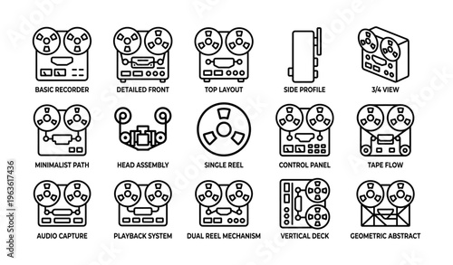 Vintage reel-to-reel tape recorder diagram with various angles and components