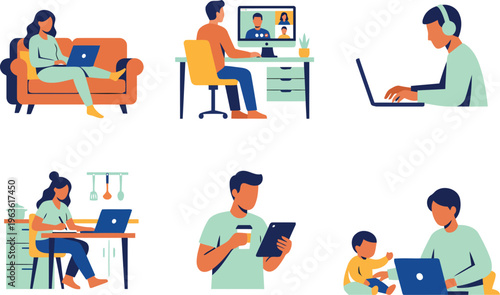Work From Home Remote Working People Flat Vector Illustration Set