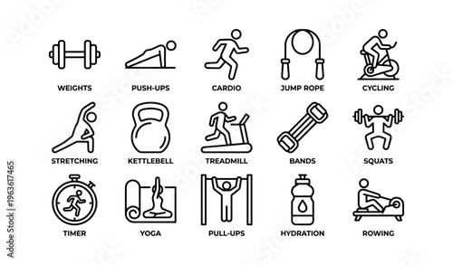 Fitness icon set with weights cardio jump rope cycling and yoga illustrations