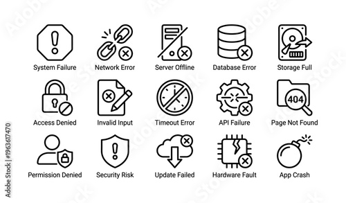 Set of 15 icons representing various system errors and failures