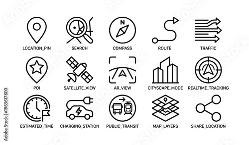 Navigation and tracking icon set with location, compass, and transit symbols