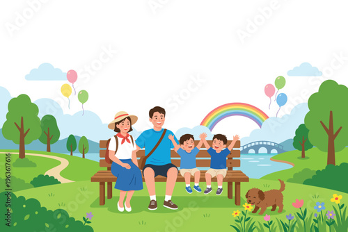 Happy family having picnic in summer park sitting on wooden bench with dog near rainbow.