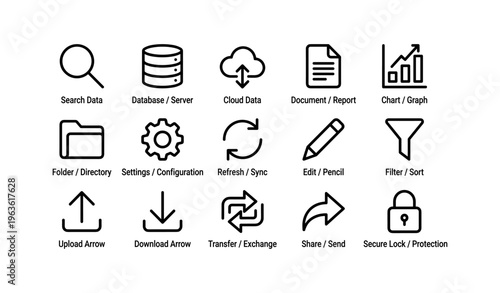 Data management icons: cloud, document, chart, folder, settings, sync