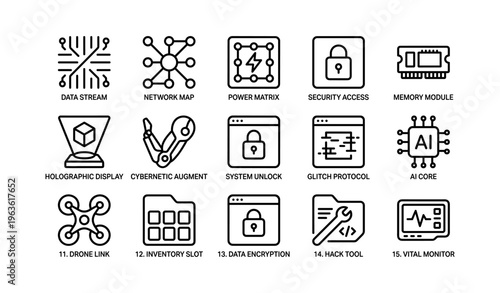 Technology icons grid featuring security, ai, and data elements