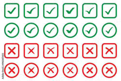 Check Mark Icons in Circle – Editable Stroke Tick Symbol Set. Red cross and green check mark icons correct incorrect symbols approval rejection concept vector illustration isolated modern flat design.