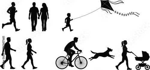 Collection of Outdoor Recreation Silhouettes Featuring People Jogging Cycling Walking a Dog Flying a Kite and Pushing a Stroller for Healthy Active Lifestyle