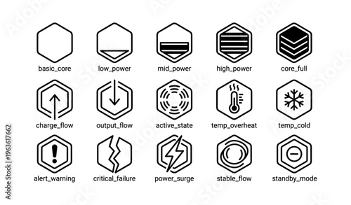Icon set: energy and alert indicators in hexagonal design