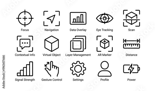 Ar user interface icons: navigation, gesture control, layer management, signal strength, settings