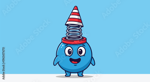 Blue cartoon character with red and white party hat on head standing on white surface