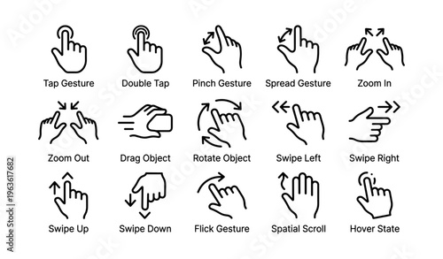 Hand gesture icons set: zoom, swipe, rotate, tap, drag interaction symbols