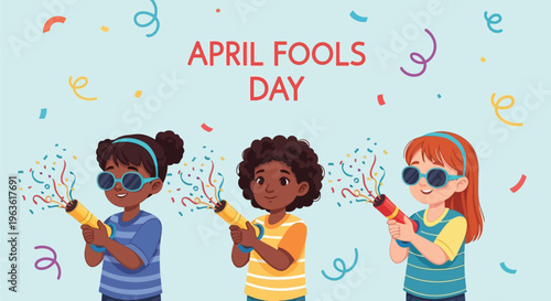 Three diverse children celebrating April Fools' Day with colorful party poppers and confetti
