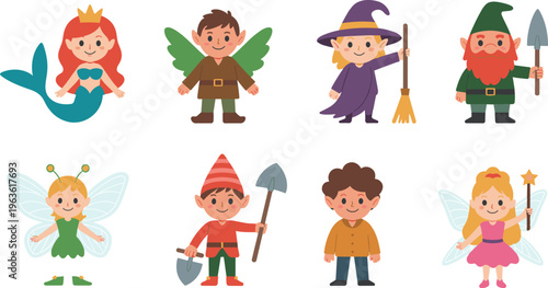 Cartoon fantasy characters, mermaid, fairy, witch, gnome, children in costumes, colorful vector illustration, fairy tale theme, kids dress‑up art