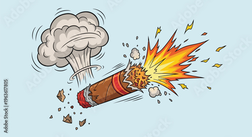 Cartoon cigar explosion with smoke and fire on light blue background vector