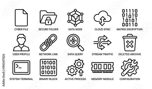 Cyber security icons featuring network, cloud, and data elements