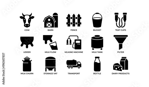 Dairy equipment icons: cow, barn, milking tools, dairy products, transport