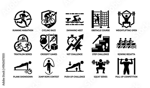 Fitness icons: marathon, cycling, swimming, obstacle course, weightlifting