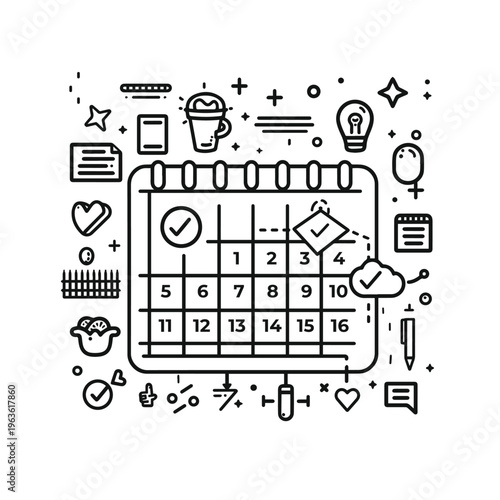Calendar with icons, planning, scheduling and to-do list concept, hand-drawn doodle style