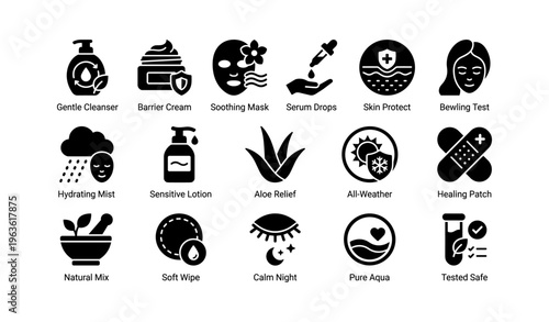 Skincare icons: gentle cleanser, soothing mask, serum drops, hydrating mist, natural mix